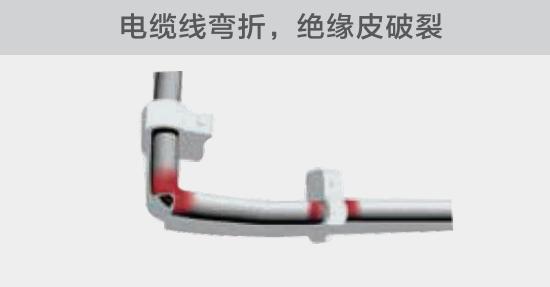 在安裝過程中，由于電線的彎曲半徑過小，或是線夾過緊，導致線纜絕緣皮破裂，產生電弧隱患